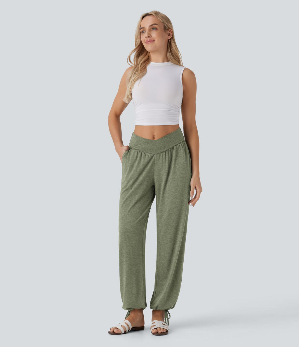 Pantalon de jogging décontracté à taille haute croisée avec poches latérales et cordon de serrage