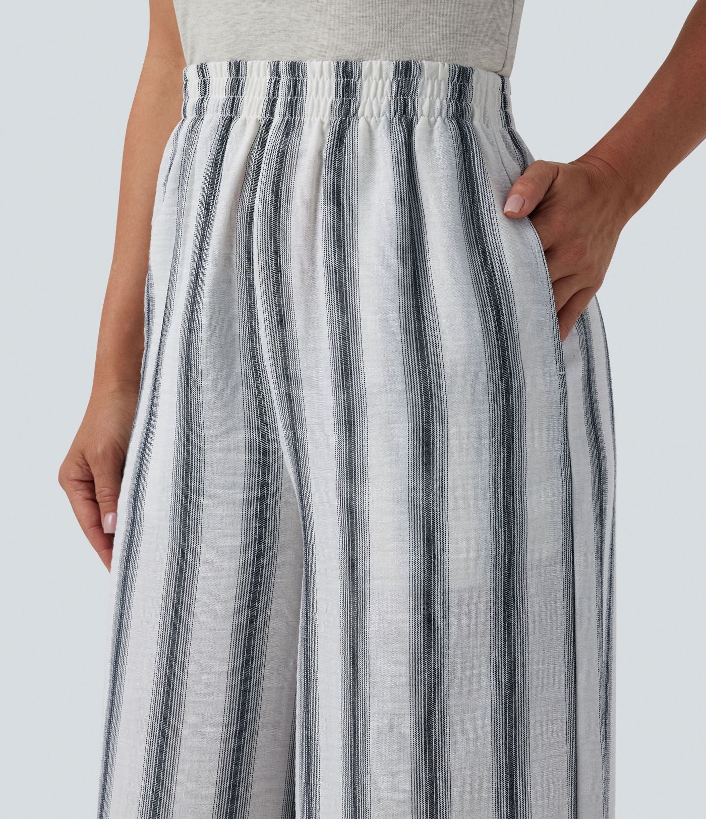 Pantalon casual ample taille haute aspect lin à rayures avec poches