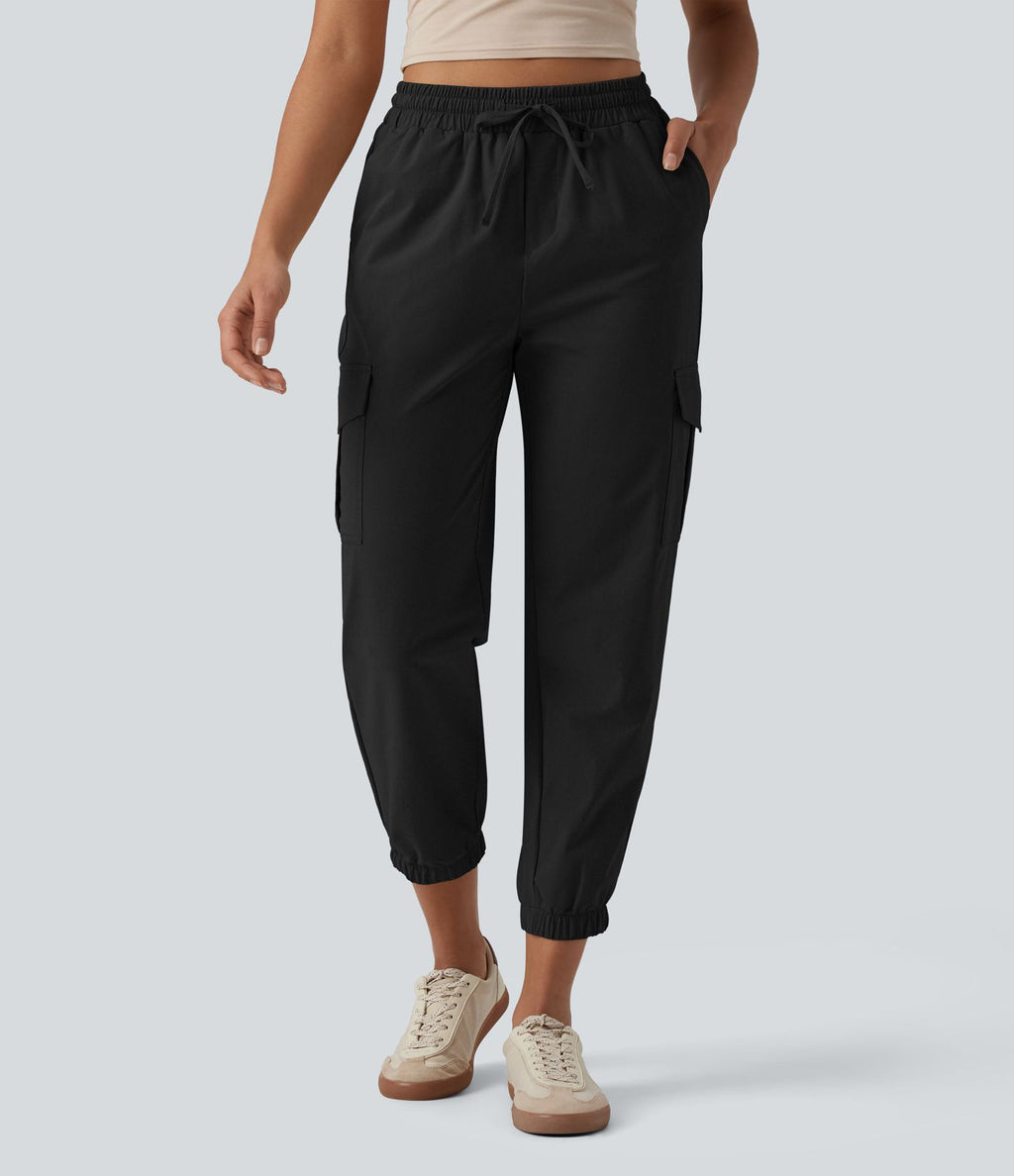 Jogging cargo décontracté popeline extensible taille mi-haute avec cordon de serrage et poches