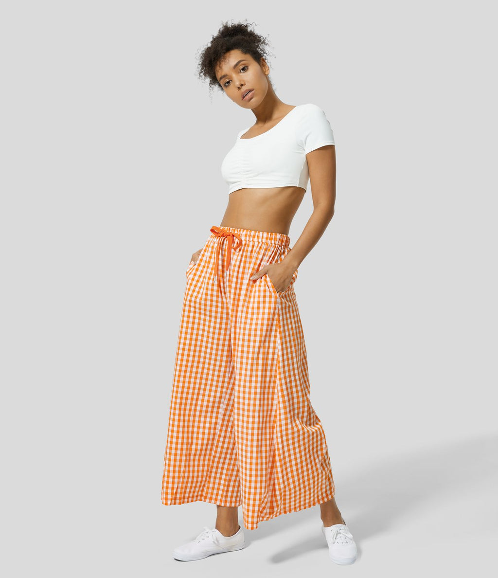 Pantalon en Coton Casual à Carreaux à Taille Haute avec Cordon de Serrage et Poches Latérales Amples