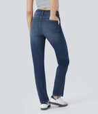 Jean droit Halara Flex™ à taille haute, poches multiples, effet délavé et tissu extensible