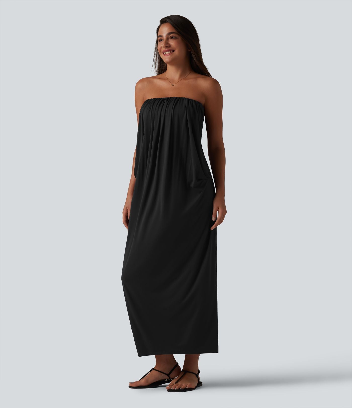 Robe longue casual bustier froncée avec brassière intégrée et poches