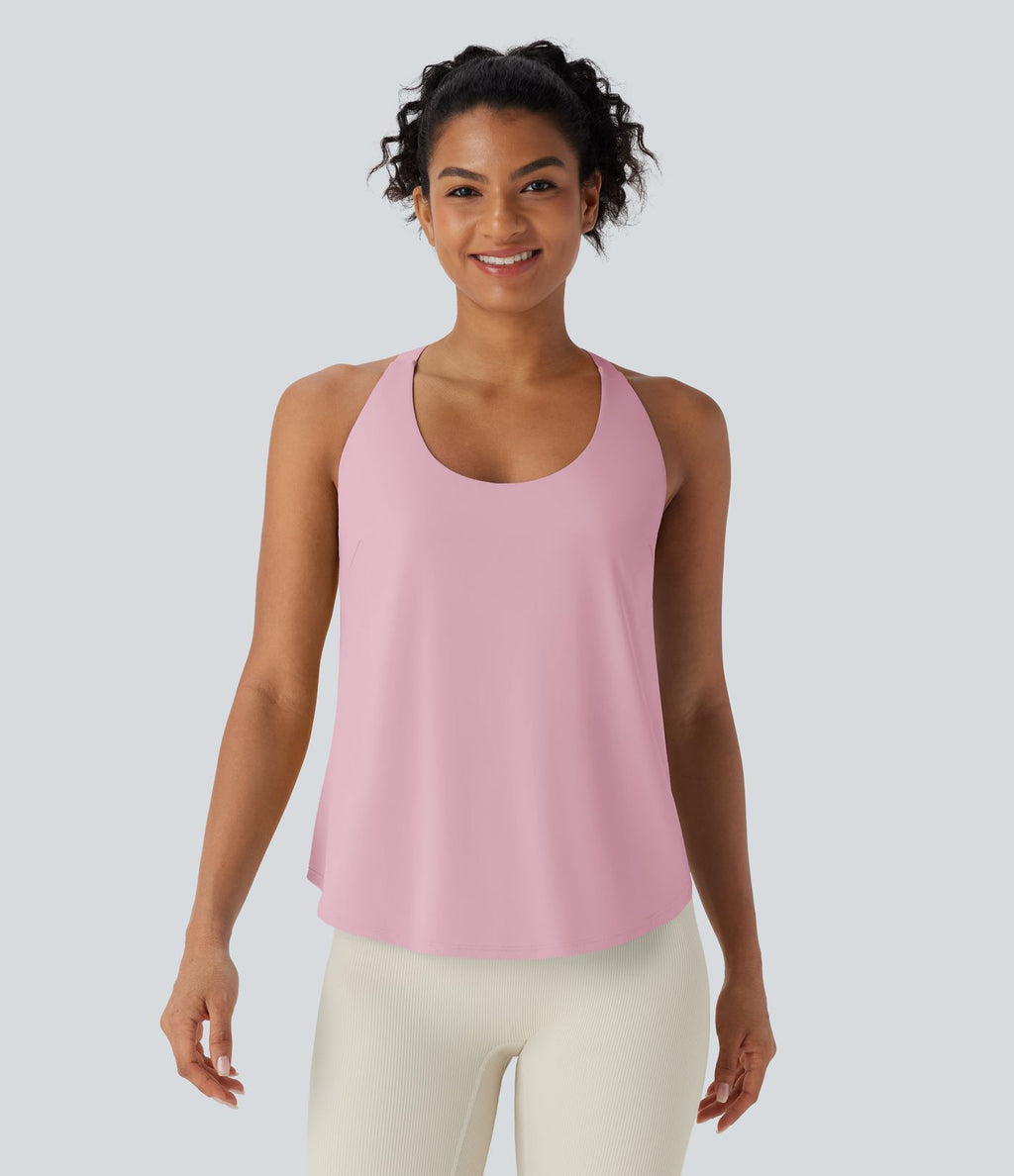 Débardeur yoga dos nu col U avec bretelles croisées, ourlet arrondi et effet frais InstantCool, protection solaire UPF50+
