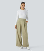 Pantalon décontracté large côtelé, taille haute, avec poches