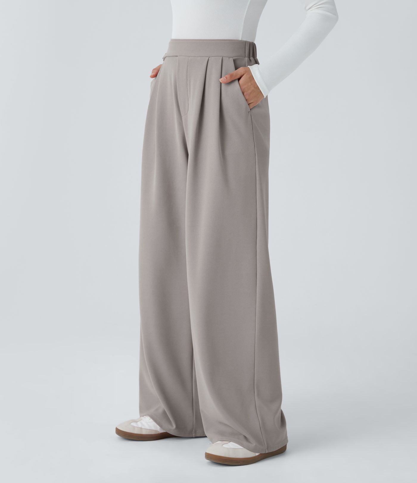 Pantalon taille haute décontracté large en maille gaufrée, avec poches