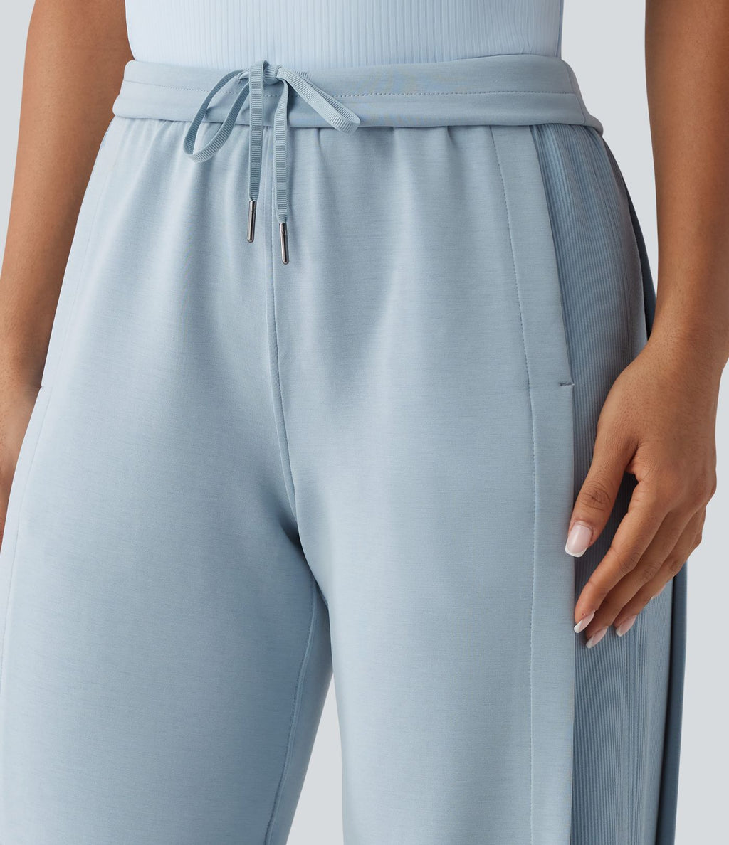 SpacerTek™ Pantalon large fluide décontracté taille haute avec cordon de serrage intérieur, côtes contrastées, fentes et poches