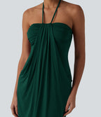 Robe resort mini dos nu à col licou avec lien noué dans le dos et poches