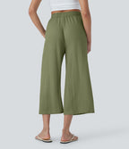 Pantalon décontracté aspect lin 7/8 à taille haute, jambe large avec cordon de serrage et poches latérales