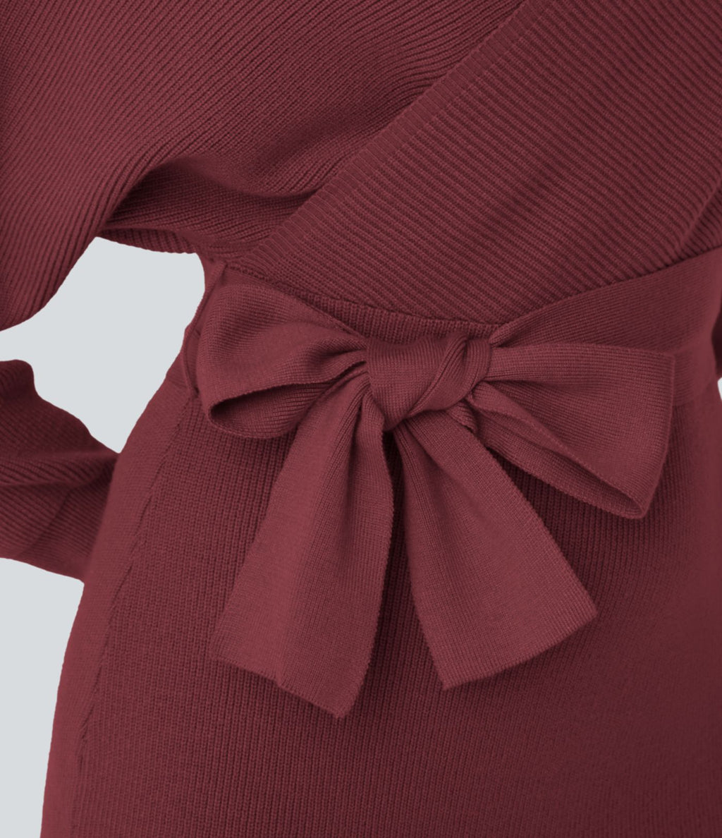 Robe-pull courte décontractée à col V croisé, manches chauve-souris longues et ceinture
