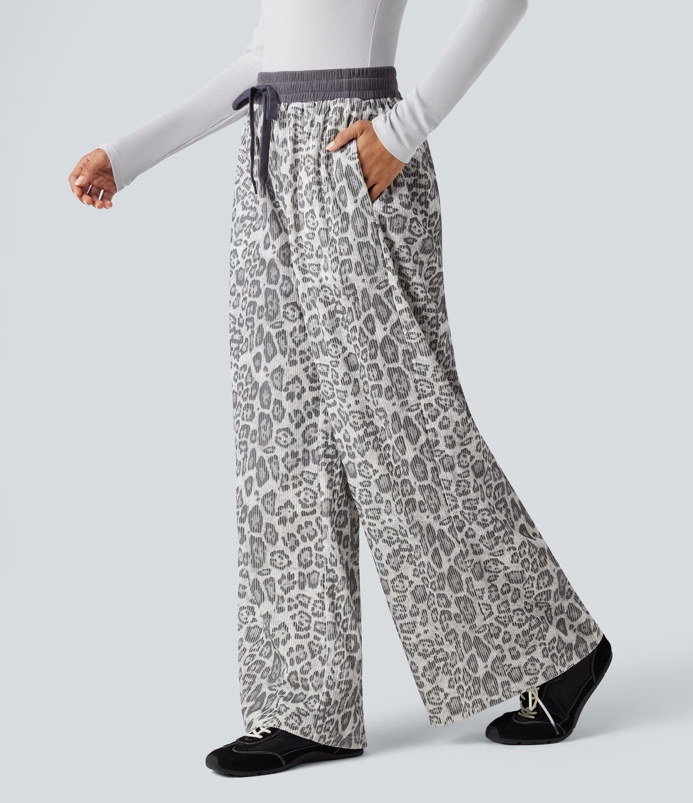 Pantalon baggy imprimé léopard taille haute avec cordon de serrage et poches