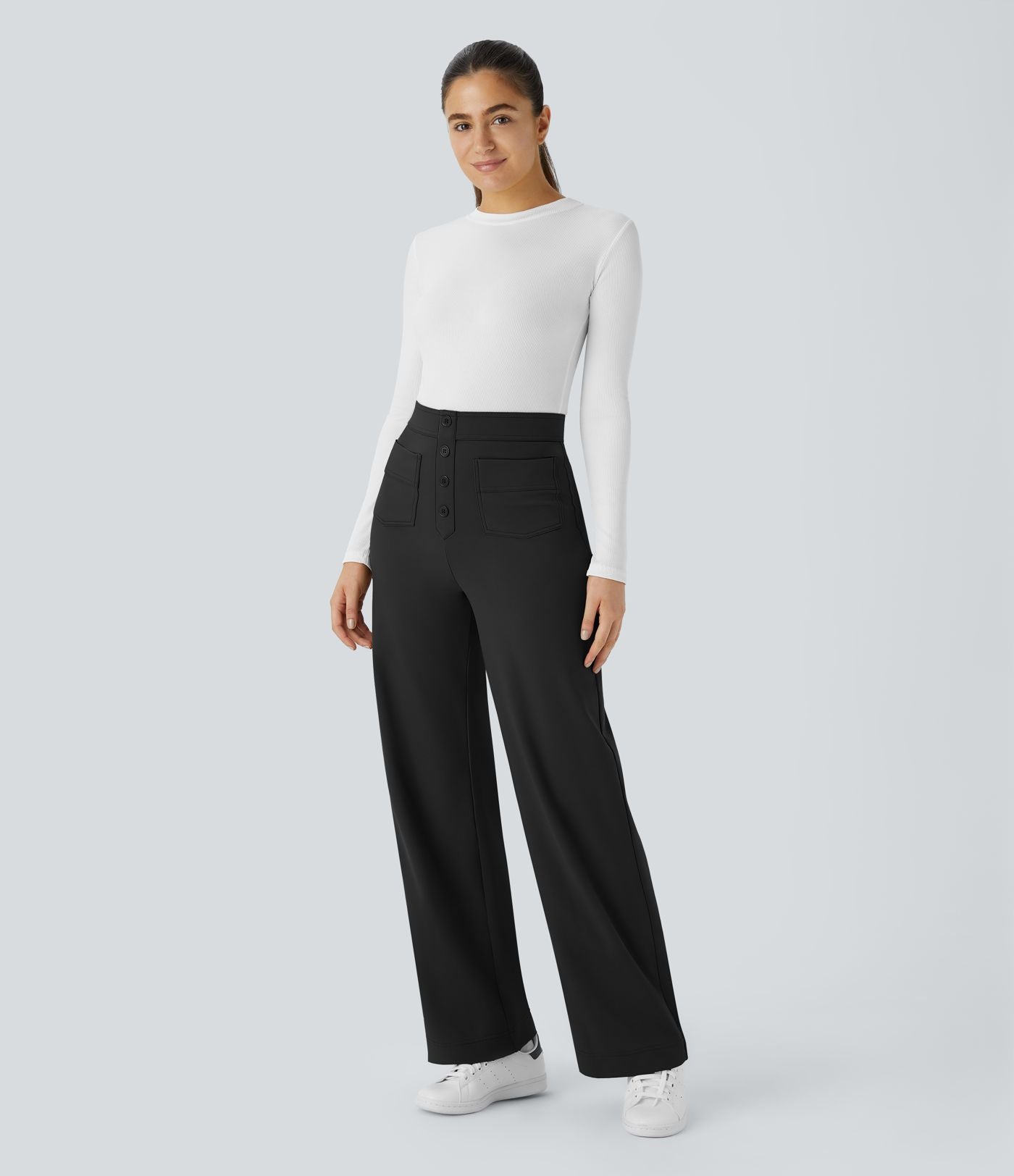 Pantalon  taille haute décontracté thermique Softlyzero™, jambes droites, boutons et poches multiples