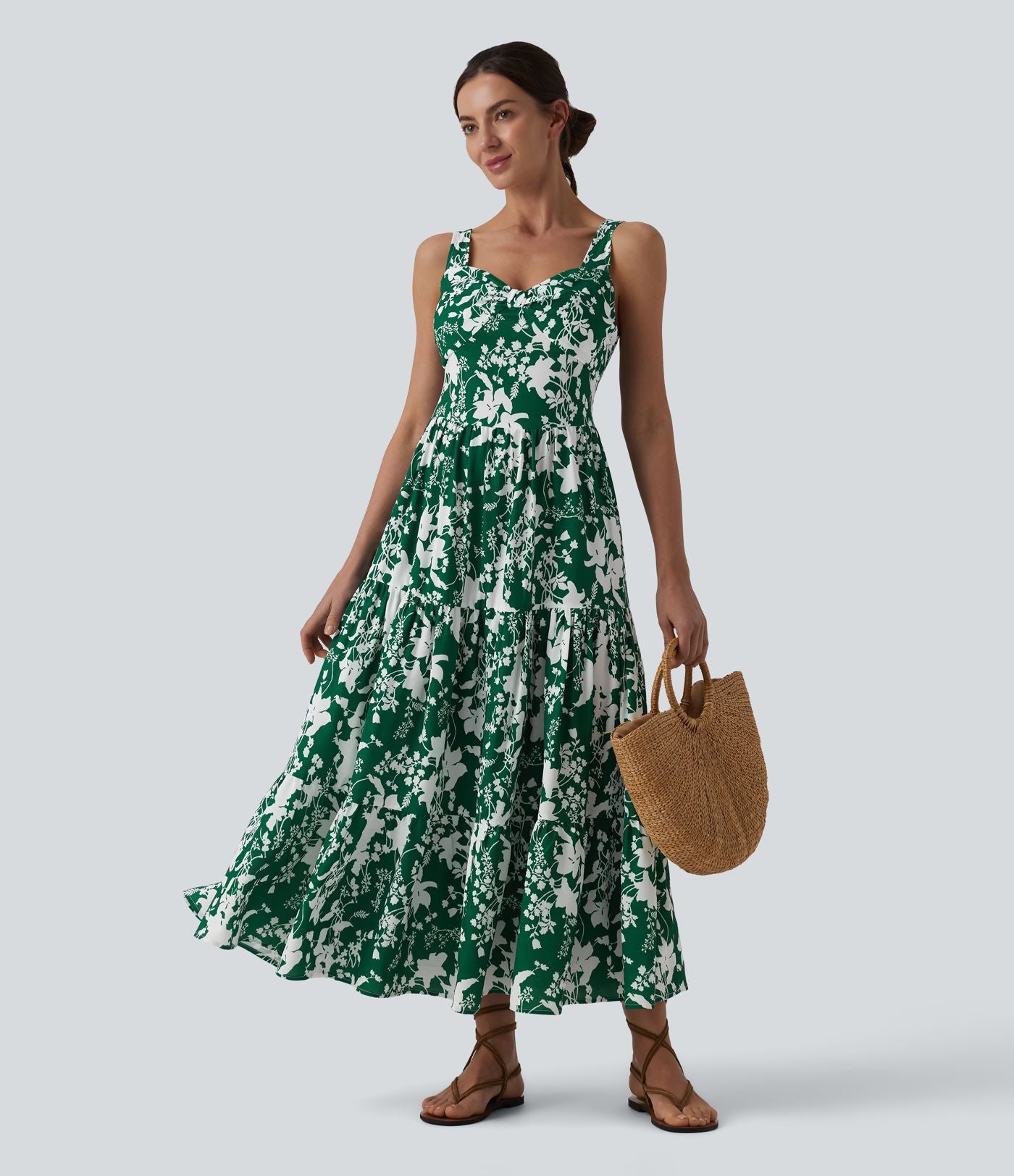 Robe longue resort décolleté cœur sans manches imprimé floral avec laçage