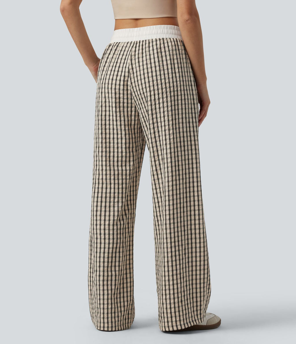 Pantalon large décontracté à carreaux taille mi-haute avec cordon de serrage et poches