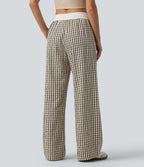 Pantalon large décontracté à carreaux taille mi-haute avec cordon de serrage et poches