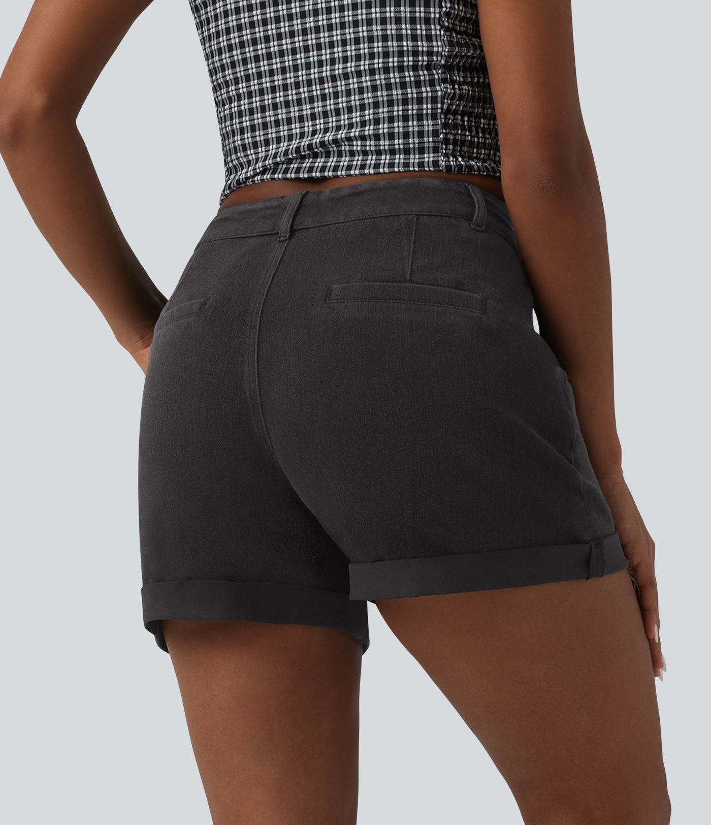 Halara Flex™ Short casual en denim taille mi-haute à ourlet retroussé avec poches
