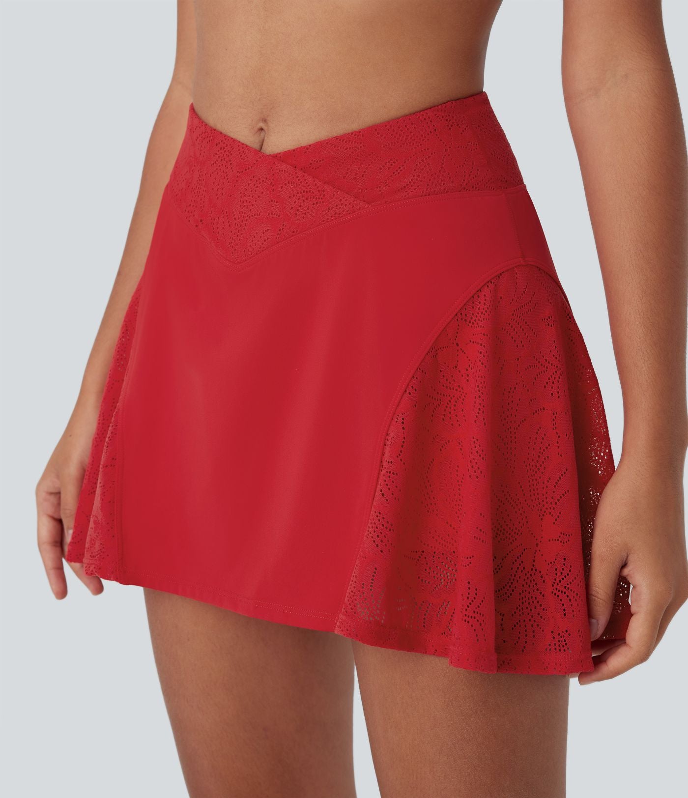 Jupe mini de yoga 2-en-1 SoftlyZero™ Airy croisée taille haute avec dentelle contrastante, à effet frais InstantCool et poche, protection solaire UPF50+