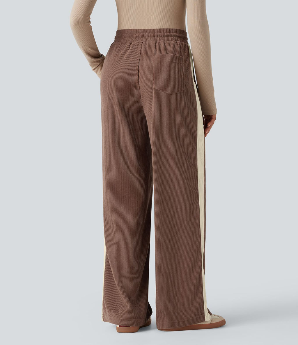 Pantalon jogging décontracté droit colorblock en velours côtelé, taille haute, avec cordon et poches