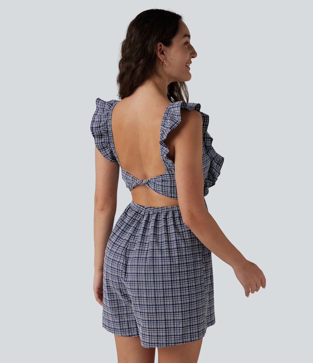 Combinaison short décontractée dos nu torsadé à volants carreaux froissés avec poches, séchage rapide - Easy Peasy