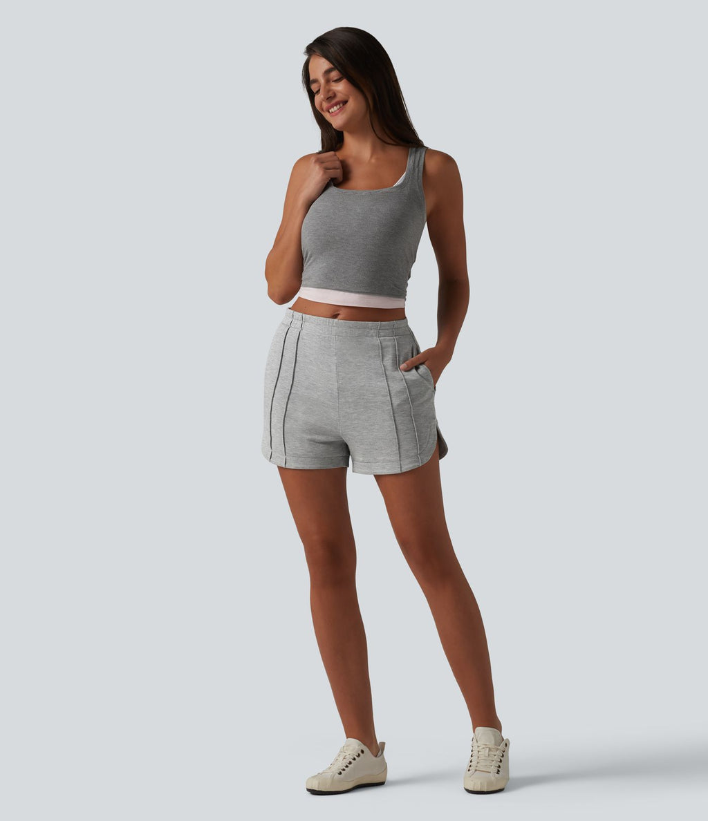 Short casual taille mi-haute à plis piqués, ourlet arrondi et poches, 7,5 cm