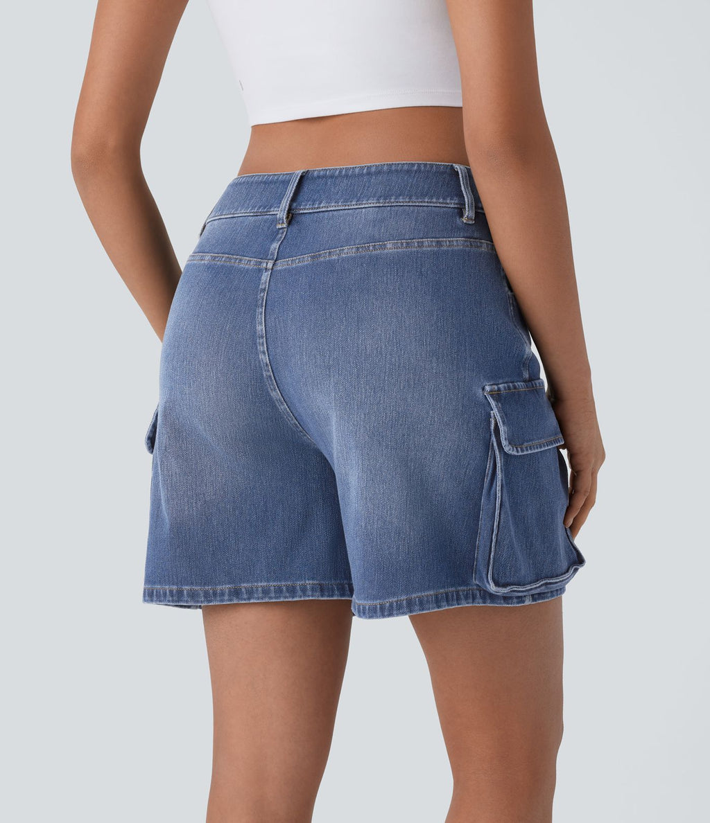 Short cargo décontracté en denim extensible délavé avec poches multiples et taille basse Halara Flex™