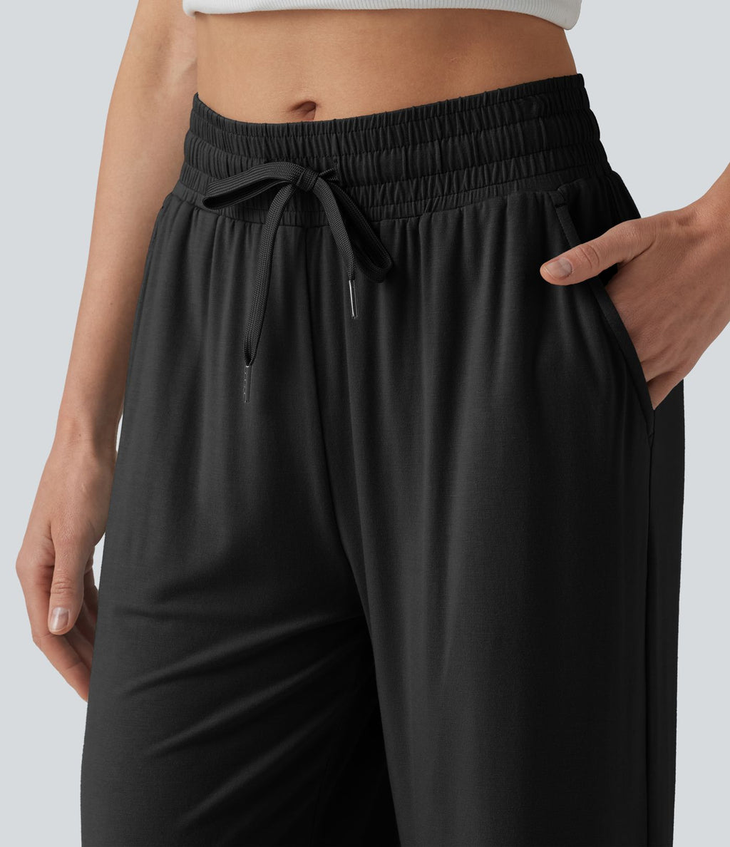 Pantalon large décontracté taille mi-haute avec cordon de serrage et poches
