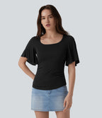 T-shirt décontracté maille côtelée col carré manches papillon froncé