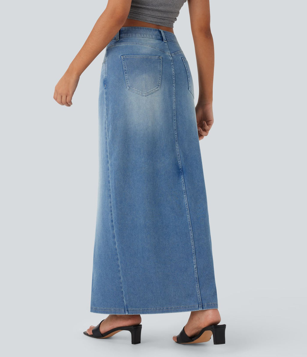 Halara Flex™ Jupe en Jean longue décontractée extensible délavé taille moyenne avec fente et multiples poches
