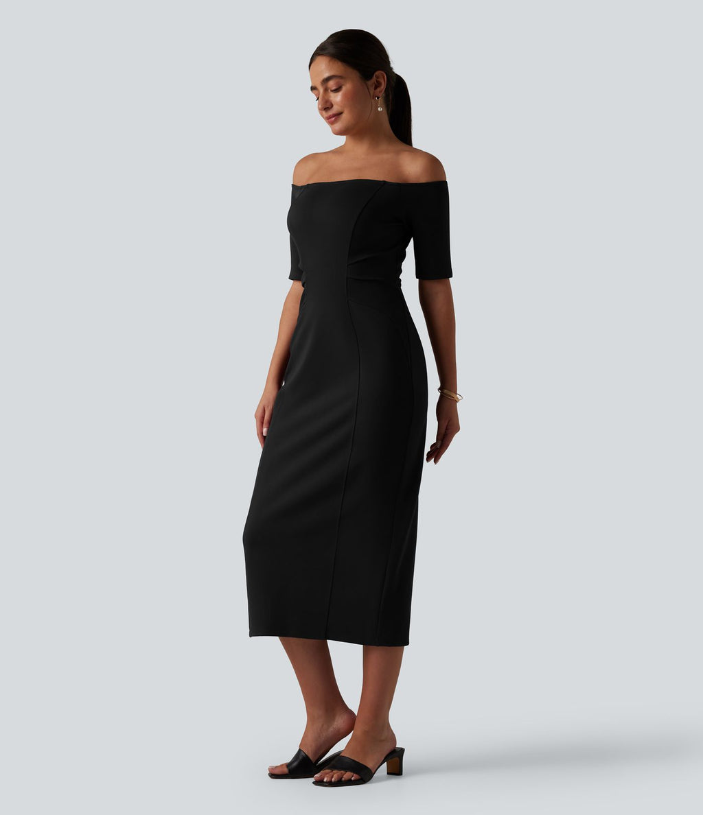 Robe midi moulante épaules dénudées manches courtes