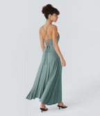 Robe Soirée Midi Encolure Côtelée Dos Nu Lacets Croisés Fendue