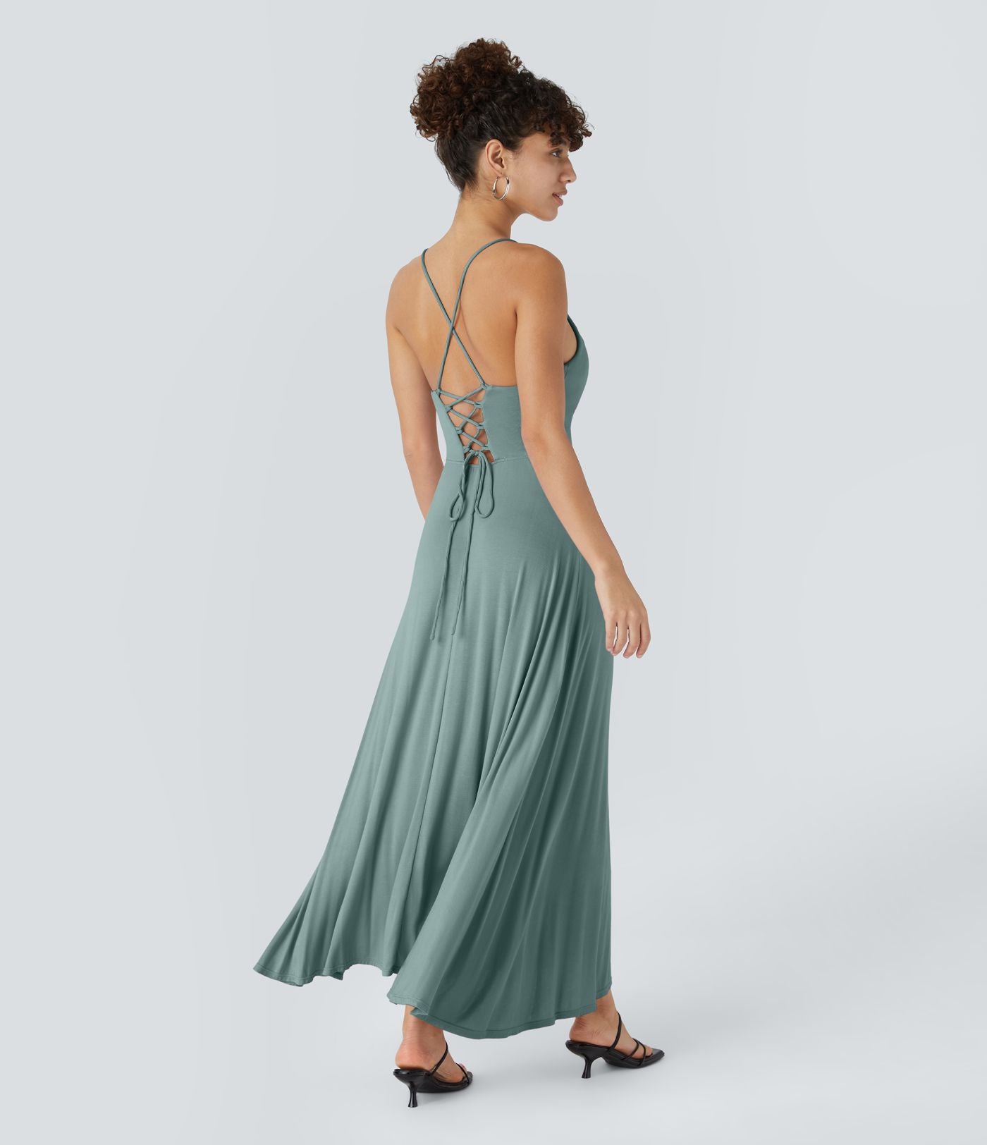 Robe Soirée Midi Encolure Côtelée Dos Nu Lacets Croisés Fendue