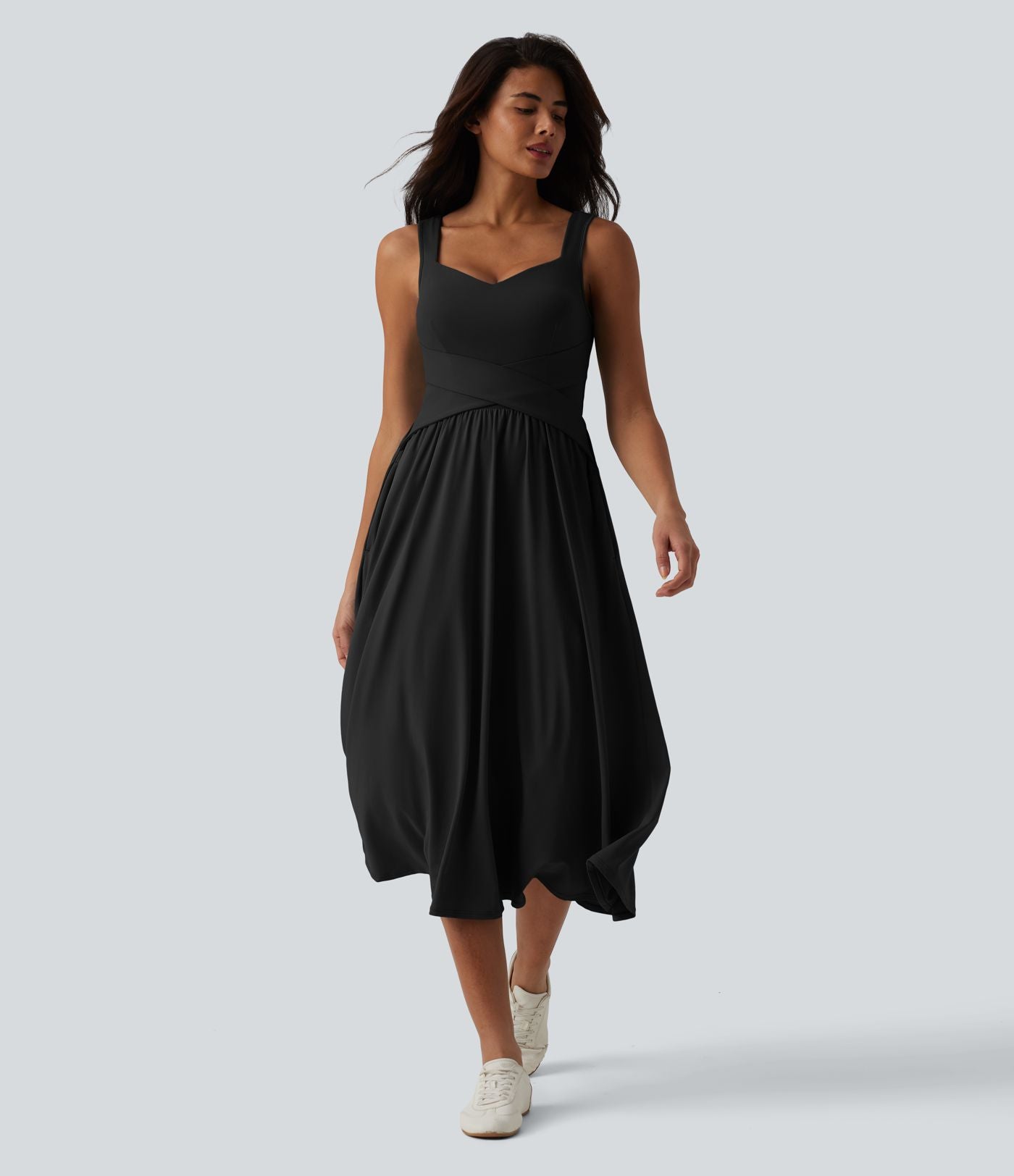 Robe midi fluide sans manches dos croisé, avec brassière intégrée (Bonnets E-G) et poches