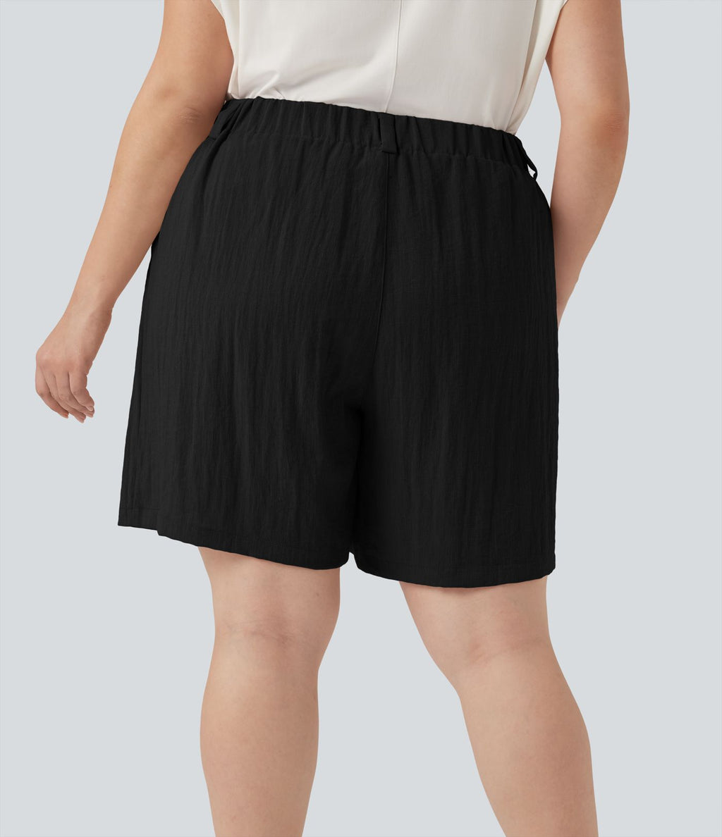 Bermuda décontracté grande taille aspect lin taille haute avec poches