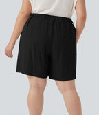 Bermuda décontracté grande taille aspect lin taille haute avec poches