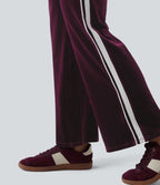 Pantalon évasé en velours taille basse color block à rayures avec poches