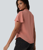 Blouse casual col V à manches volantées et ourlet arrondi