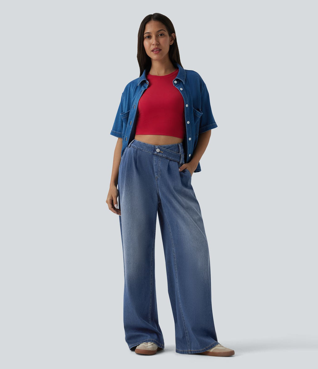 Halara Flex™ Jean large décontracté asymétrique taille haute délavé avec poches