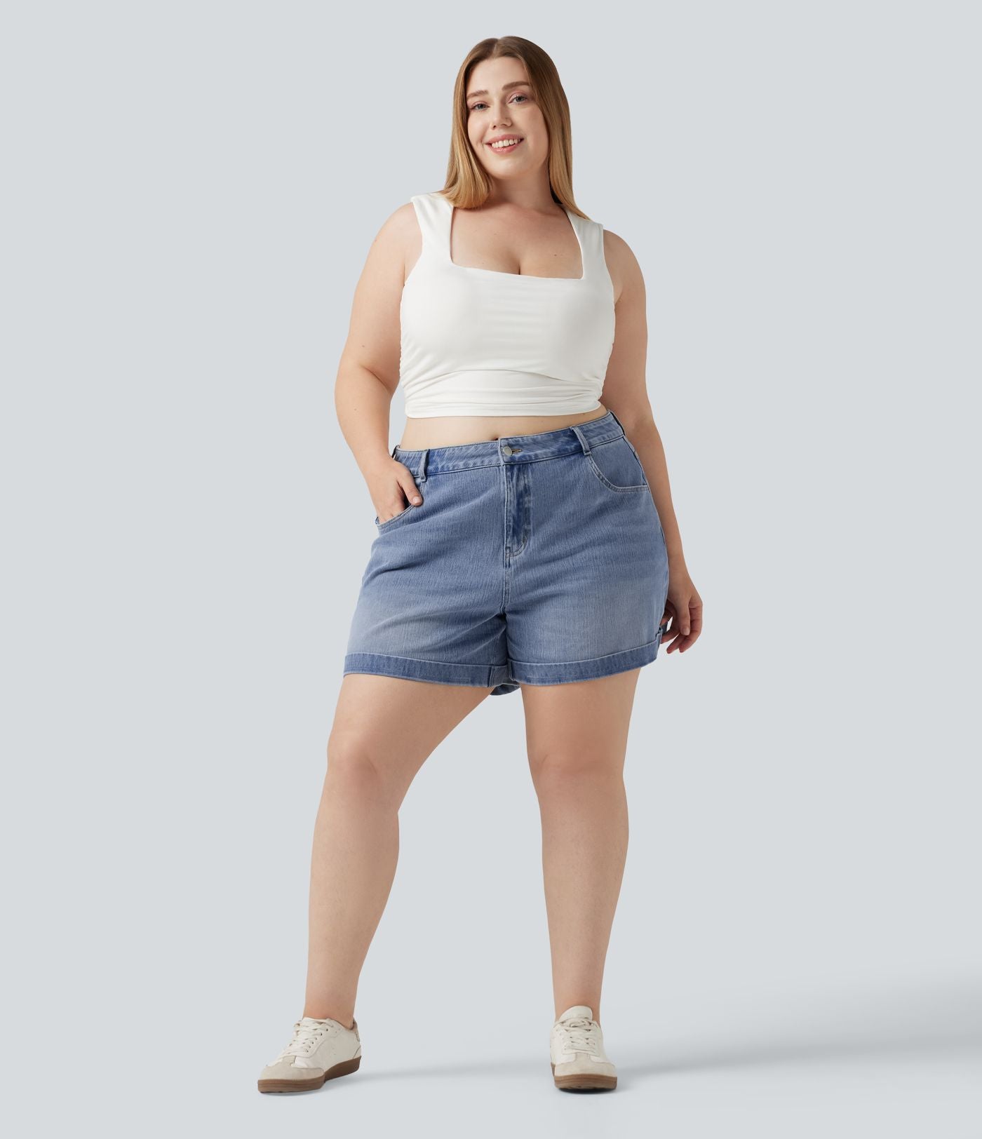 Short jean grande taille Halara Flex™ Denim casual taille mi-haute, ourlets retroussés, avec poches, 12,7 cm
