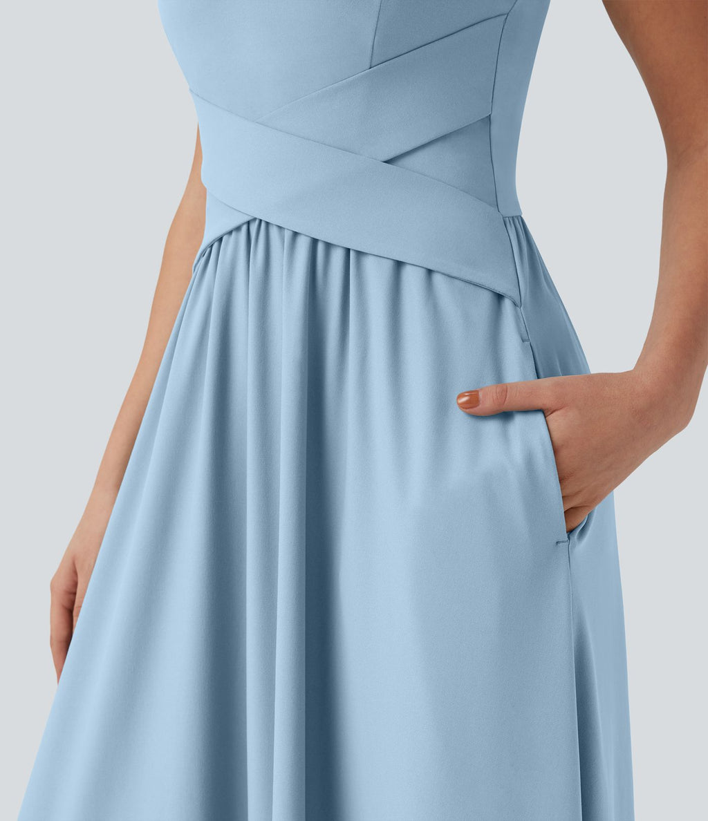 Robe maxi fluide dos nu, avec brassière intégrée et poches
