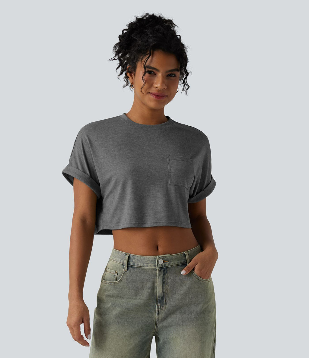 T-shirt décontracté court chiné col rond manches courtes coupe ample avec poche