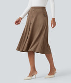 Jupe mi-longue évasée effet daim taille haute avec poches