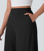 Pantalon décontracté fluide jambe large taille haute avec poches latérales