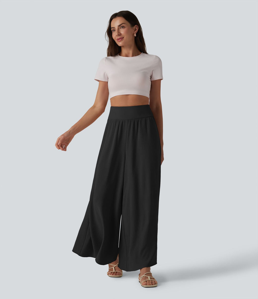 Pantalon fluide décontracté taille haute froncé aspect lin avec poches