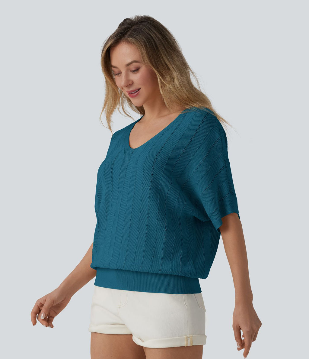 Pull décontracté col V manches courtes