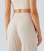 Pantalon décontracté maille côtelée taille haute avec poches
