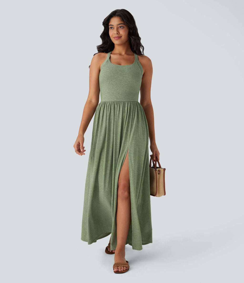 Robe longue fluide fendue avec poches latérales, dos nu et effet torsadé