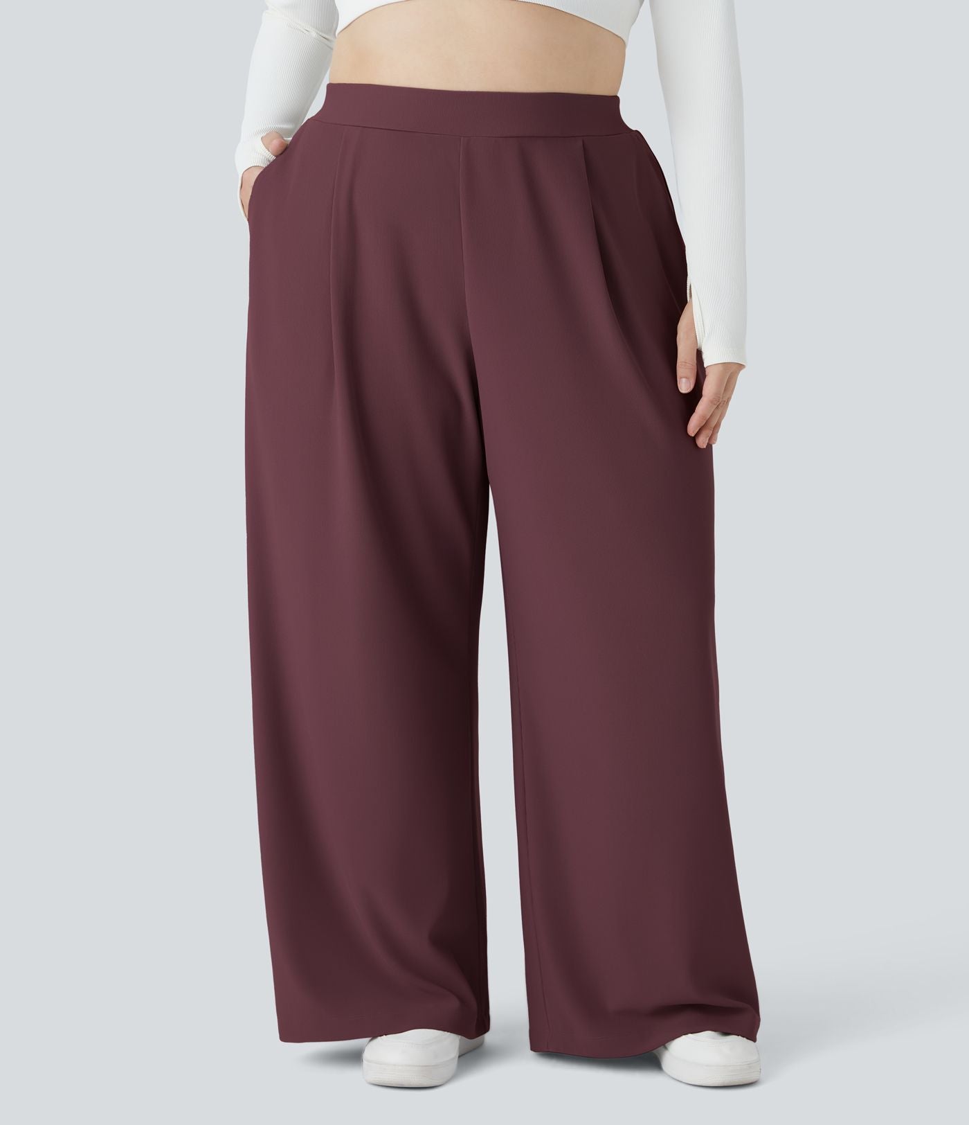 Pantalon de travail grande taille Halara Flex™ à taille haute sculptante et amincissante, poches latérales, jambes larges et tissu micro-gaufré