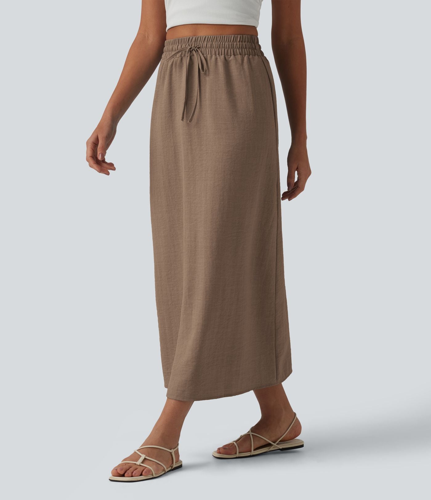 Jupe longue casual aspect lin taille haute avec cordon de serrage