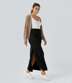 Jupe Casual Maxi à Taille Haute et Ourlet Fendu en A-Line en Côtes