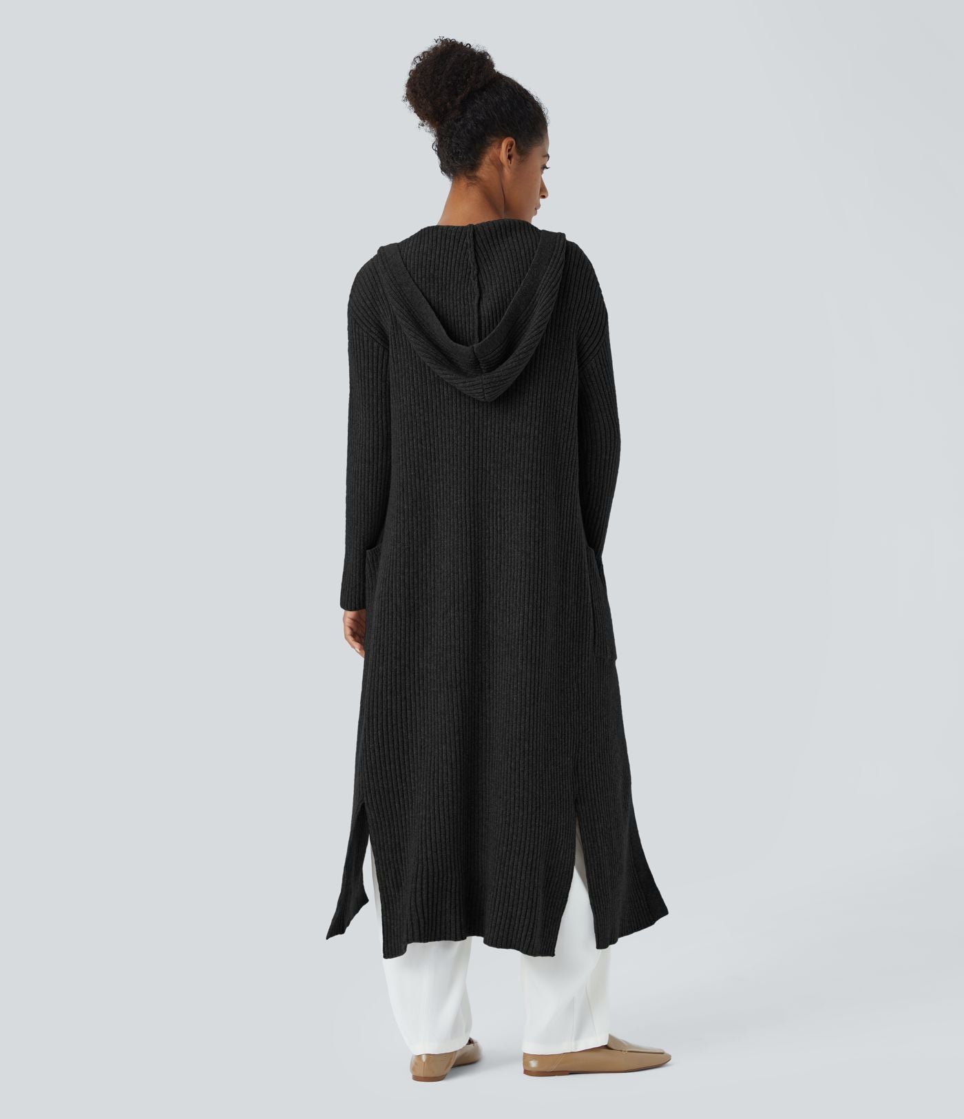 Cardigan long casual à capuche, manches longues et poches