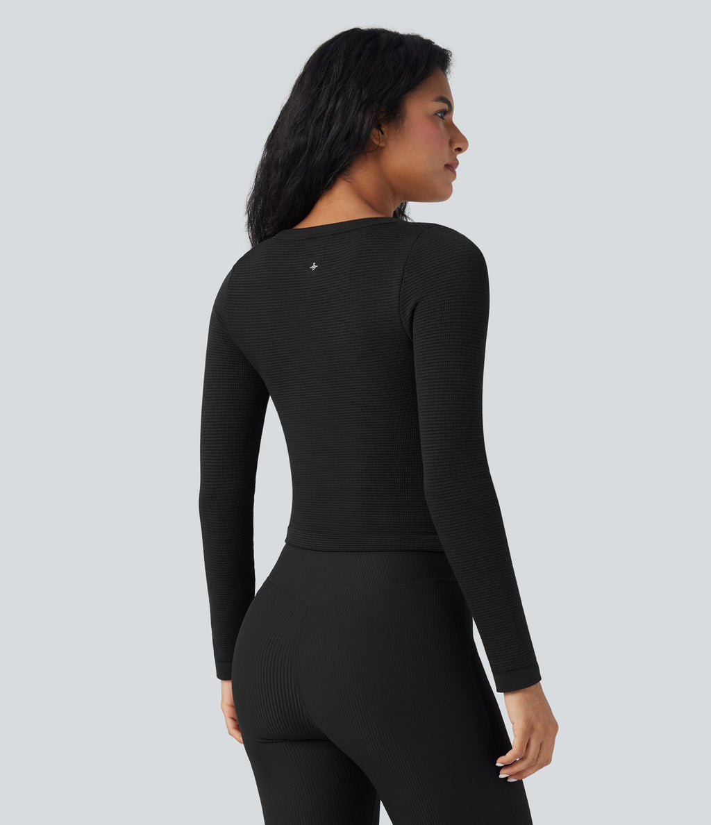 Haut de sport yoga ajusté col Henley en maille gaufrée à manches longues sans couture OneForm Seamless Flow